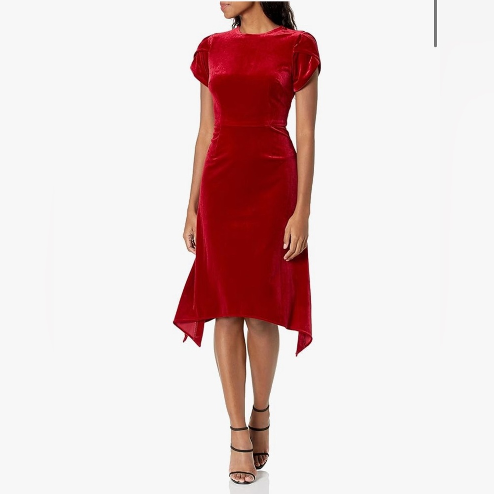 Maggy London Red Velvet Asymmetrical Hem Dress
